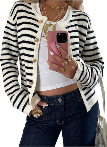 Verdusa Women's Striped Button Up Cardigan Sweaters Old Money Knit Outerwear in Saudi Arabia