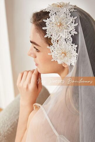 Boho Juliet Cap Bridal Veil with Golden Flower, Two Tier Ivory Wedding Juliet Cap Veil with Blusher, Cressida Veil in Saudi Arabia