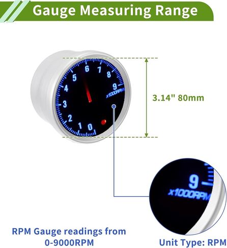 3.14" 80mm Tachometer Gauge Colorful Pointer RPM Tachometer Tach Gauge 0-9000RPM W/Sensor and Bracket Universal for Car DC 12V in Saudi Arabia