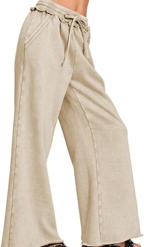 بنطلون رياضي Palazzo للسيدات ذو خصر مرتفع غير رسمي مغسول بأرجل واسعة بنطلون برباط فضفاض مع جيوب in Kuwait