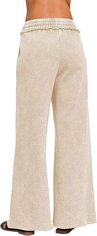 بنطلون رياضي Palazzo للسيدات ذو خصر مرتفع غير رسمي مغسول بأرجل واسعة بنطلون برباط فضفاض مع جيوب in Kuwait