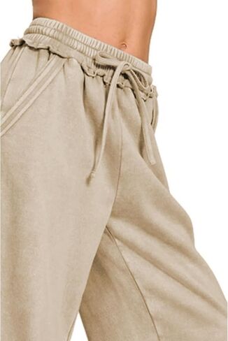 بنطلون رياضي Palazzo للسيدات ذو خصر مرتفع غير رسمي مغسول بأرجل واسعة بنطلون برباط فضفاض مع جيوب in Kuwait