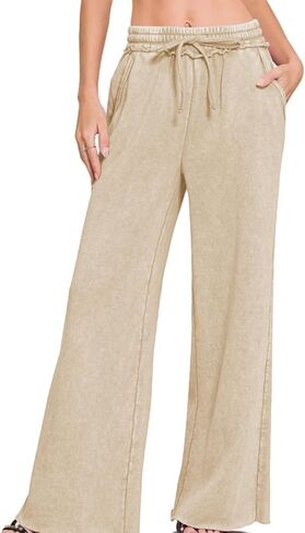 بنطلون رياضي Palazzo للسيدات ذو خصر مرتفع غير رسمي مغسول بأرجل واسعة بنطلون برباط فضفاض مع جيوب in Kuwait