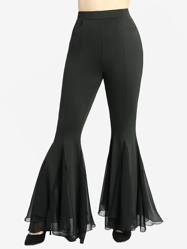 DRESSFO Women's Mesh Patchwork Flare Pants – Sheer Ruffle Hem Gothic Style Stretch Trousers with Pockets in Saudi Arabia