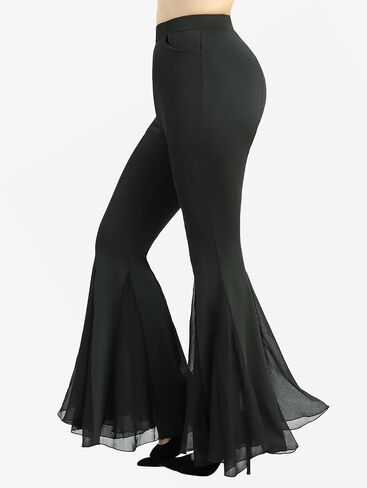 DRESSFO Women's Mesh Patchwork Flare Pants – Sheer Ruffle Hem Gothic Style Stretch Trousers with Pockets in Saudi Arabia