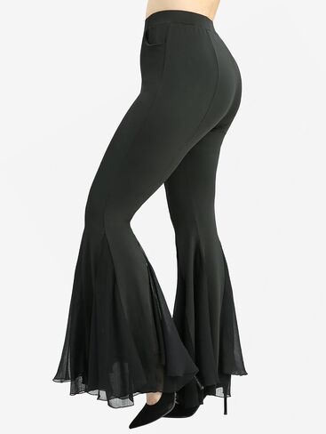 DRESSFO Women's Mesh Patchwork Flare Pants – Sheer Ruffle Hem Gothic Style Stretch Trousers with Pockets in Saudi Arabia