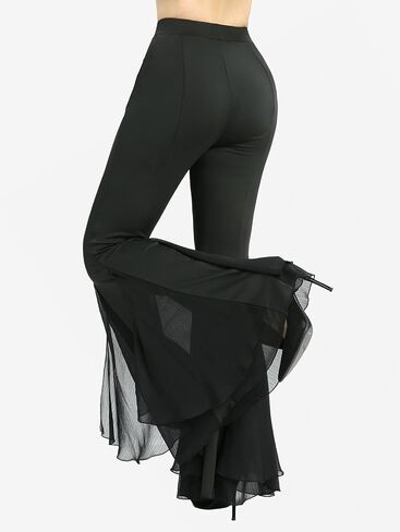 DRESSFO Women's Mesh Patchwork Flare Pants – Sheer Ruffle Hem Gothic Style Stretch Trousers with Pockets in Saudi Arabia