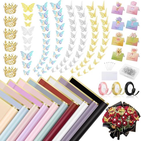 Flower Wrapping Paper Kit, Include 100 Sheet Flower Bouquet Wrapping Paper, 3 Rolls Ribbon for Flower Bouquet, 20 Pcs Greeting cards,200 Pcs Flower Pins, 72 Pcs 3D Butterflies and 6 Pcs Crowns in Saudi Arabia