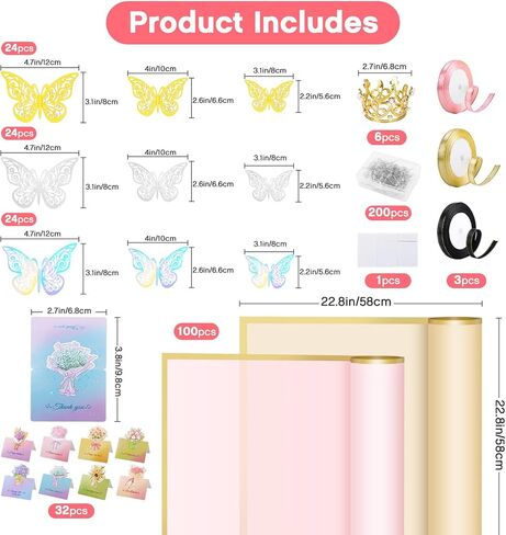 Flower Wrapping Paper Kit, Include 100 Sheet Flower Bouquet Wrapping Paper, 3 Rolls Ribbon for Flower Bouquet, 20 Pcs Greeting cards,200 Pcs Flower Pins, 72 Pcs 3D Butterflies and 6 Pcs Crowns in Saudi Arabia