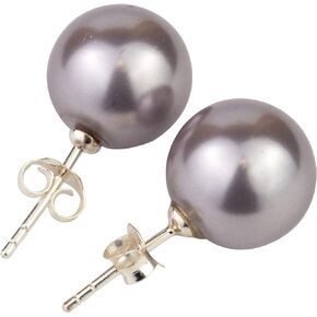 LaTisoro Light Grey 925 Solid Sterling Silver Faux Pearl Stud Earrings - 12mm Round Ball Hypoallergenic Jewelry