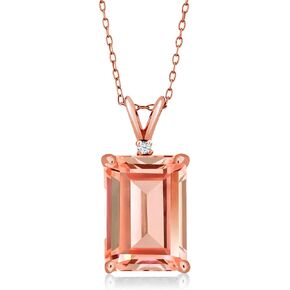 Gem Stone King 18K Rose Gold Plated Silver Peach Nano Morganite Pendant Necklace For Women (6.32 Cttw, Gemstone October Birthstone, Emerald Cut 14X10MM, with 18 Inch Silver Chain)