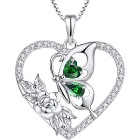 YL Women's Butterfly Necklace 925 Sterling Silver Flower Rose Pendant Birthstone Halo Jewelry