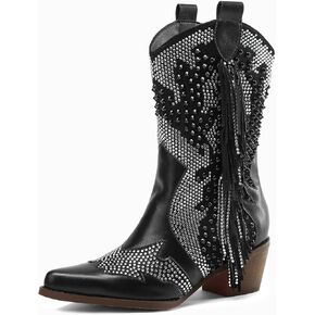 Ankle Boots for Women Pointed Toe Rhinestone Boots Chunky Heel Rivet Western Cowboy Boots With Tassel Womens Cowgirl Booties Slip-On Short Boots