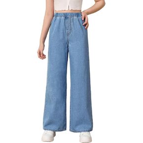 Floerns Girls Elastic Waist Wide Leg Jeans Loose Fit Baggy Denim Pants