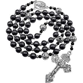Nazareth Store Pardon Hematite Men Rosary Black Beads Stainless Knotted Necklace Miraculous Medal & Our Father Cross