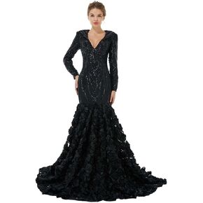 FCOMES V-Neck Sequin Mermaid Organza Prom Evening Dresses Pageant Formal Ball Gown Shower Party Dress Long Sleeves