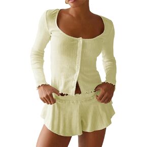Women 2 Piece Pajama Outfits Long Sleeve Button Down Cardigan Shirt Top + Wide Leg Shorts Lounge Set Sleepwear