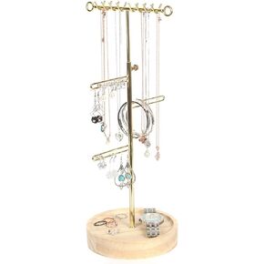 J JACKCUBE DESIGN Jewelry Tree Stand Organizer, with Adjustable Height Gold Metal Bar and Wooden Tray Storage Display Holder for Necklace, Earring, Bracelet and Ring- MK663A (Gold)