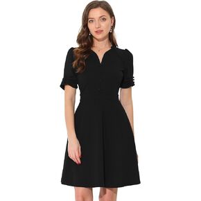 Allegra K Elegant Puff Sleeve Dress for Women's V Neck A-Line Office Work Dresses