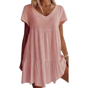 Fangetey Women's V-Neck Tunic Dresses Short Sleeve Button Down Loose Casual Summer Short Flowy Swing Dress