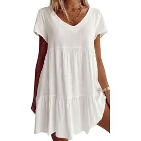 Fangetey Women's V-Neck Tunic Dresses Short Sleeve Button Down Loose Casual Summer Short Flowy Swing Dress