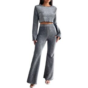 MakeMeChic Women's 2 Piece Outfits Flounce Long Sleeve Round Neck Crop Tee Top and Flare Leg Pants Set