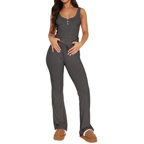 Thopavenoir Women 2 Piece Ribbed Work Out Outfits Sleeveless Button Vest Tank Tops + High Waist Pants Set Tracksuit