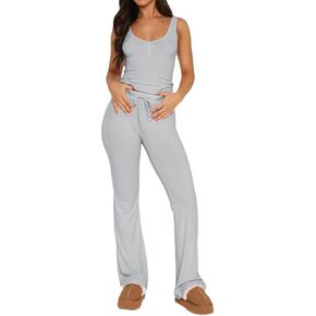Thopavenoir Women 2 Piece Ribbed Work Out Outfits Sleeveless Button Vest Tank Tops + High Waist Pants Set Tracksuit