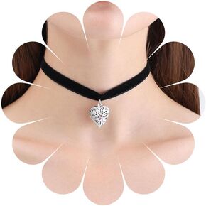 Boho Locket Heart Choker Necklace Silver Filigree Heart Necklace Love Heart Velvet Necklace Cz Heart Chain Necklace Black Velvet Collar Necklace Jewelry for Women and Girls