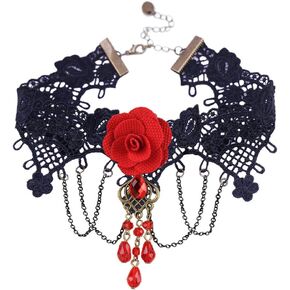 Choker Necklace for Women Gothic Black Lace Necklace Halloween Steampunk Costume Party Punk Vintage Flower Rose Beads Lolita Victorian Choker Pendant Vampire Collar