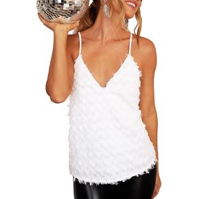 CUPSHE Women's V Neck Blouse Fringe Shirts V Cut Back Tops with Adjustable Straps