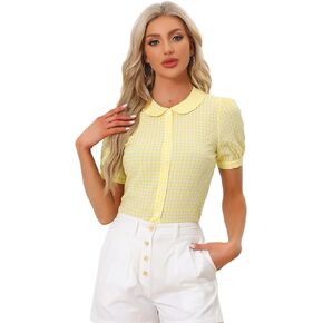 Allegra K Women's Plaid Blouse Puff Short Sleeve Gingham Peter Pan Collar Button Down Shirt