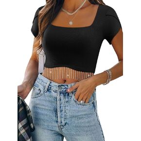 WLLW Women Nashville Sparkly Rhinestone Fringe Petal Sleeve Crop Top Square Neck Cropped Shirt Tops with Glitter Tassel
