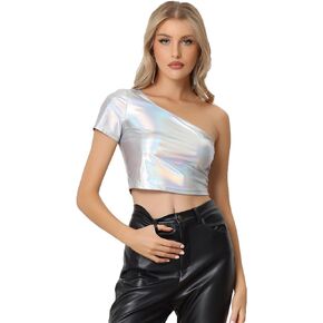 Allegra K Metallic Crop Top for Women's 2024 One Shoulder Short Sleeve Shinny Holographic Clubwear Party Tops