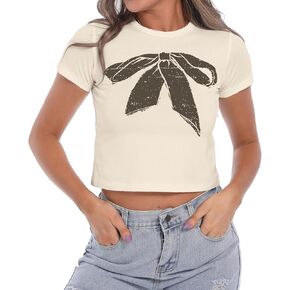 KIEKIECOO Vintage Graphic Baby Tee for Women Short Sleeve Cute Crop Tops for Teen Girls Aesthetic Y2k Cropped Tshirt