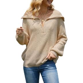 Jumppmile Womens Half Zipper Collared Sweater Long Sleeve Quarter Zip Oversized Crop Sweater