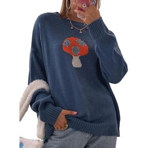 WDIRARA Women's Long Sleeve Mushroom Print Casual Round Neck Sweater Pullover Tops