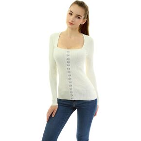 AmélieBoutik Women Square Neck Buckle Embellished Ribbed Sweater
