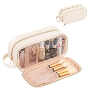 CUBETASTIC Small Makeup Bag, Cute Cosmetic Bag for Purse, 2 In 1 Travel Make Up Organizer Zipper Pouch with Makeup Brush Storage Compartment Portable Small Toiletry Bag for Women Girls