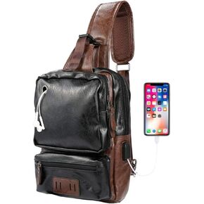 Men's Sling Bag, Crossbody PU Leather Shoulder Backpack with USB Charging Port, Vintage Chest Bag for Men(Black)
