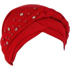 Women Girls Turban Hat, Rhinestone Pearl Braid Turban Head Wrap Baggy Slouchy Beanie Chemo Cap Headwear Hair Wrap