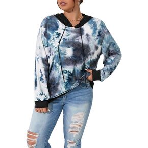 WDIRARA Women's Plus Size Tie Dye Colorblock Drawstring Long Sleeve Hoodie Sweatshirt Pullovers