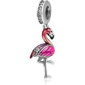 Tropical Flamingo Charms 925 Sterling Silver Animal Charm with CZ Stone for European Style Bracelet (B)