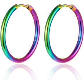 BIYONGDE 2CM Small Circle Huggie Hinged Hoop Earrings, Oxidized Rainbow Steel Womens, Classic