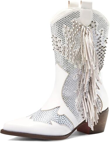 Tsrenlmln Sparkly Rhinestone Cowboy Boots for Women - Pointed Toe Western Ankle Boots with Tassel, 3.74" Chunky Heel, Rivet Decorated Slip-On Booties, Party & Casual Wear in Saudi Arabia
