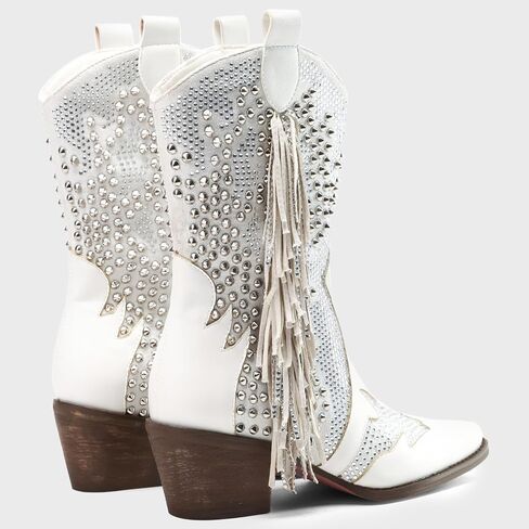 Tsrenlmln Sparkly Rhinestone Cowboy Boots for Women - Pointed Toe Western Ankle Boots with Tassel, 3.74" Chunky Heel, Rivet Decorated Slip-On Booties, Party & Casual Wear in Saudi Arabia