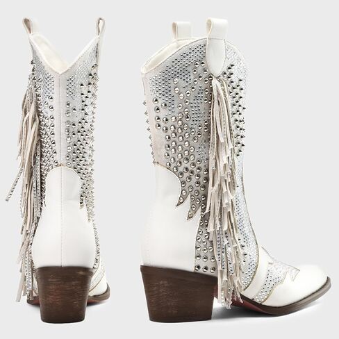 Tsrenlmln Sparkly Rhinestone Cowboy Boots for Women - Pointed Toe Western Ankle Boots with Tassel, 3.74" Chunky Heel, Rivet Decorated Slip-On Booties, Party & Casual Wear in Saudi Arabia