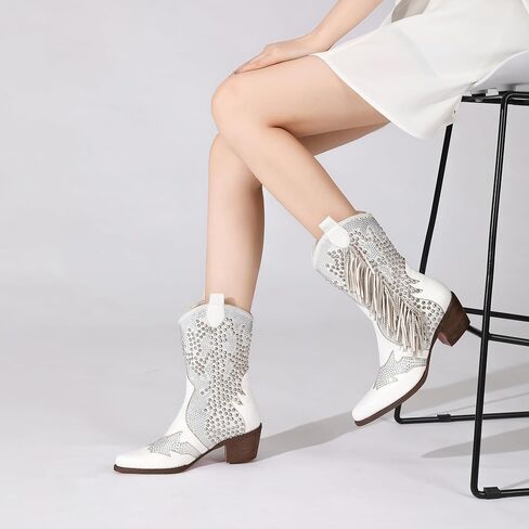 Tsrenlmln Sparkly Rhinestone Cowboy Boots for Women - Pointed Toe Western Ankle Boots with Tassel, 3.74" Chunky Heel, Rivet Decorated Slip-On Booties, Party & Casual Wear in Saudi Arabia