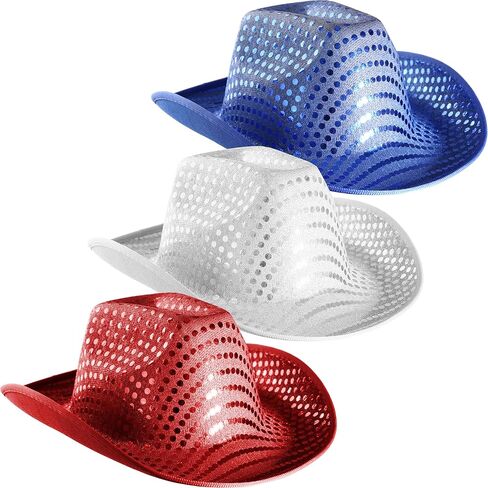 Laurel & Nash - Sequin Cowboy Hat - Set of 3 (Red, White/Silver, Blue) - Bedazzled Cowboy Hat - Glitter Cowboy Hat - Disco Cowgirl Hat - Silver Cowboy Hat - Metallic Cowboy Hat - Cowgirl Hat Sparkly in Saudi Arabia
