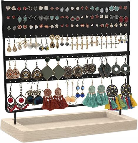 منظم مجوهرات حامل القرط، 3 طبقات 144 فتحة منظم عرض القرط مع صينية خشبية للأقراط والقلائد والخواتم in Kuwait